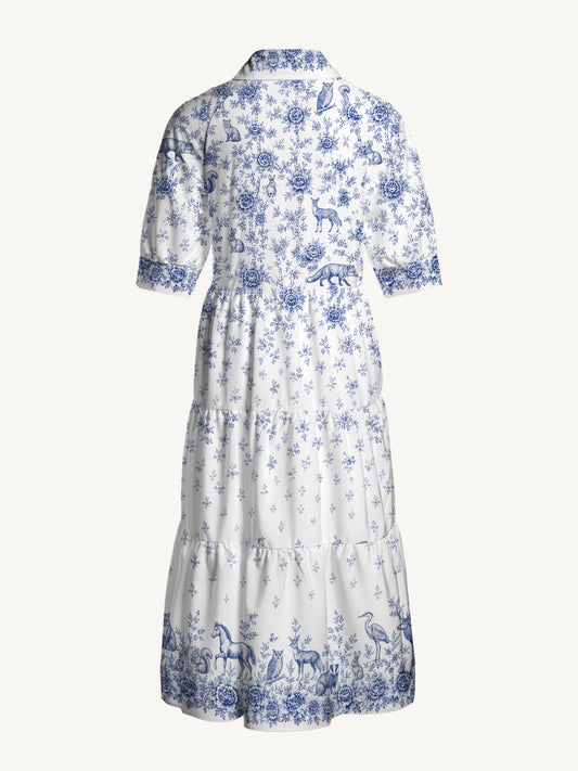 V Neck Collared Delft Blue Woodland Story Print Casual Midi Dress With Pockets