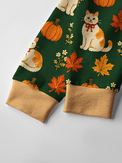 Lightweight Crew Neck Long‑Sleeve Cropped Pumpkin Patch Whiskers Print Fine‑Knit Cardigan