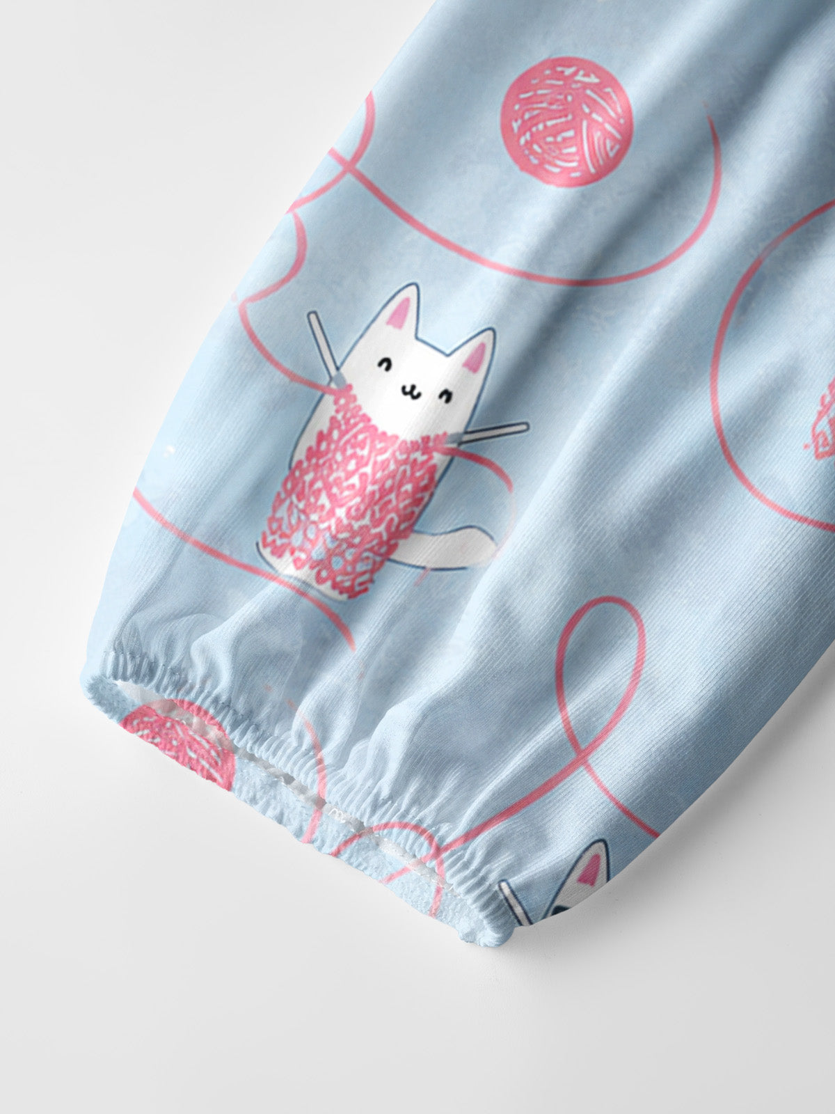 Cozy Yarn Basket Cat Print Boho Long Sleeve Tie‑Neck Blouse