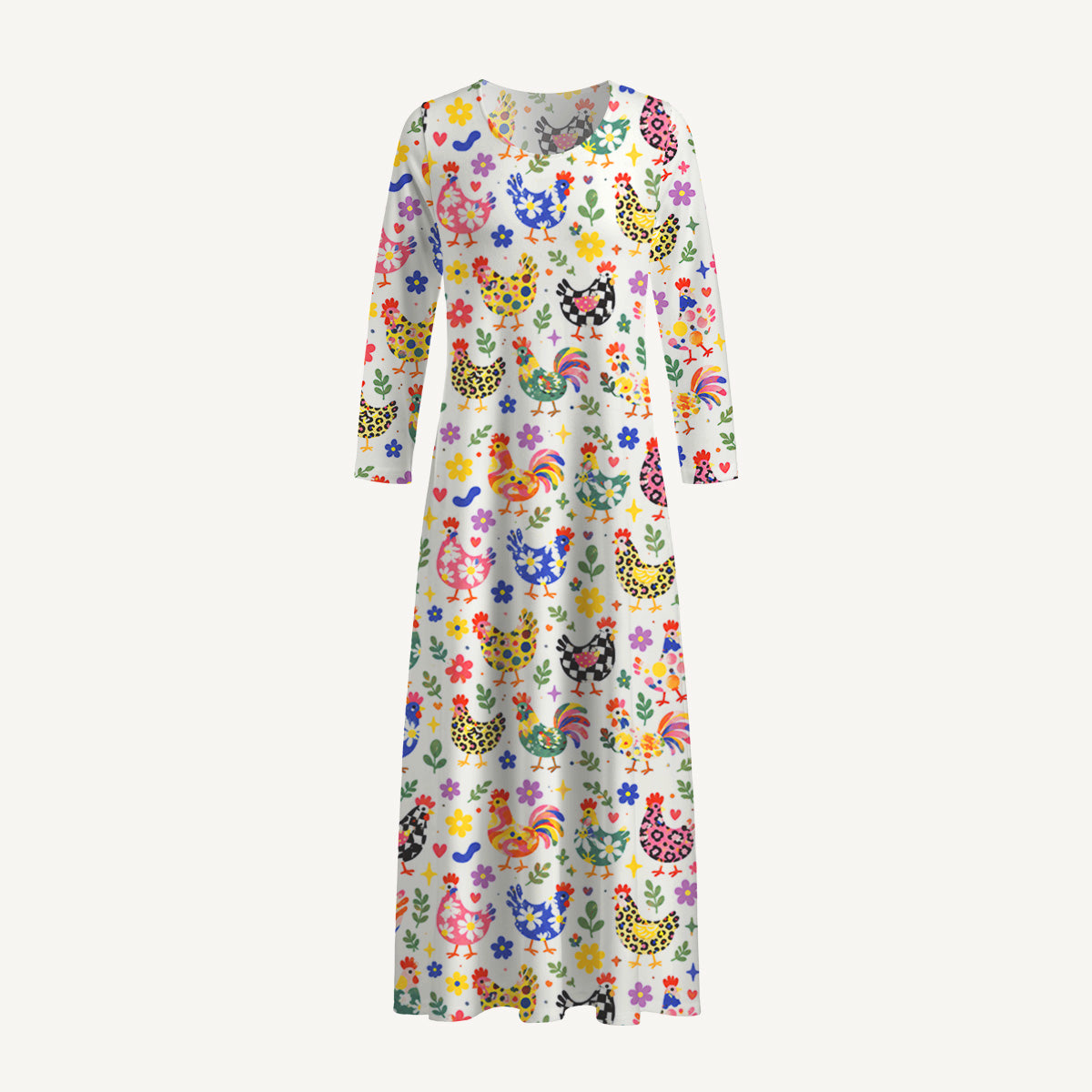 Funky Retro Chicken Print Soft-Touch Stretch Knit Long Sleeve Maxi Dress with Pockets
