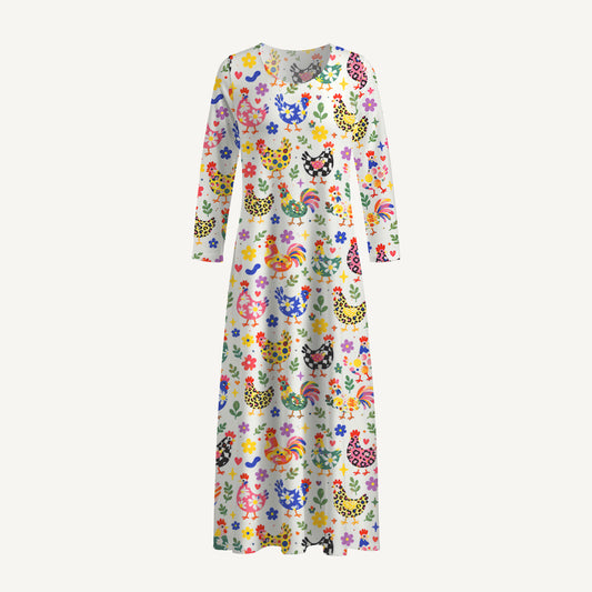Funky Retro Chicken Print Soft-Touch Stretch Knit Long Sleeve Maxi Dress with Pockets