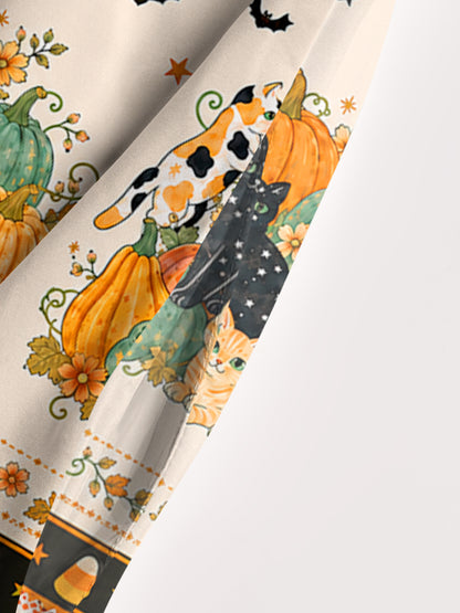 Pumpkin Patch Cats Print Wide Straps Maxi Dress With Pockets