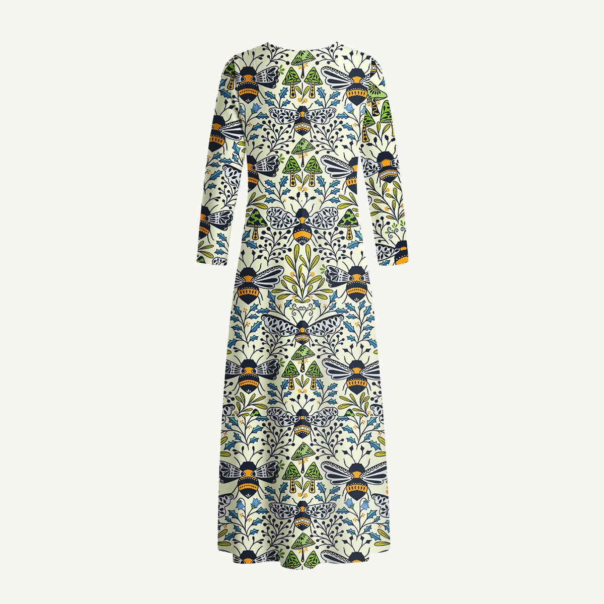 Botanical Bee Garden Print Soft-Touch Stretch Knit Long Sleeve Maxi Dress with Pockets