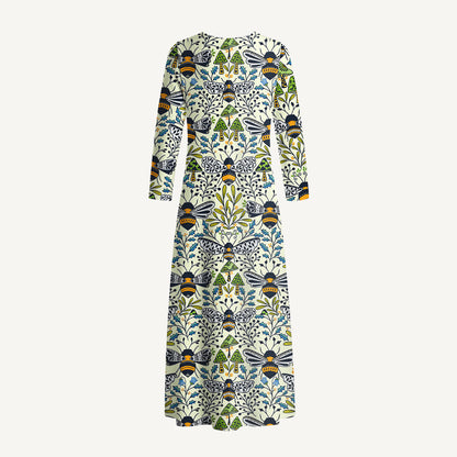 Botanical Bee Garden Print Soft-Touch Stretch Knit Long Sleeve Maxi Dress with Pockets