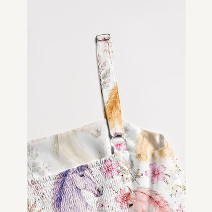 Western Whimsical Horses Watercolor Print Wide Straps Maxi Dress With Pockets