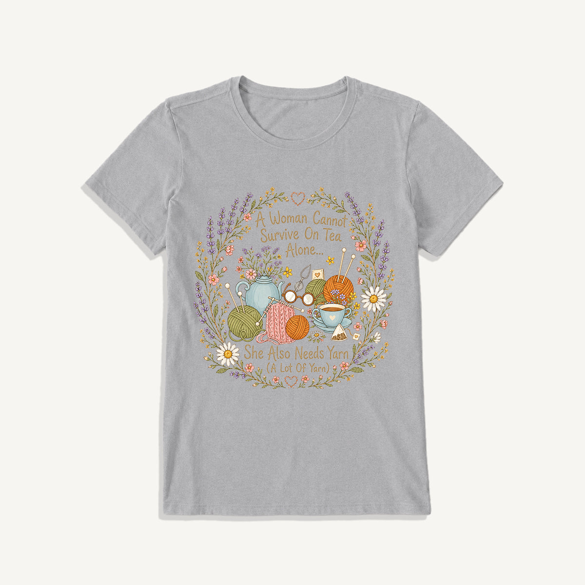 Vintage Floral Knitting Circle Print Crew Neck Cotton Tee