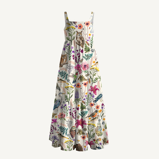 Whimsical Woodland Birds Wildflowers Print Wide Straps Maxi Dress With Pockets