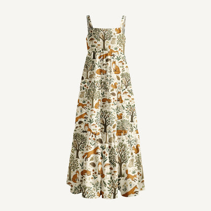 Woodland Creatures Print Wide Straps Maxi Dress With Pockets