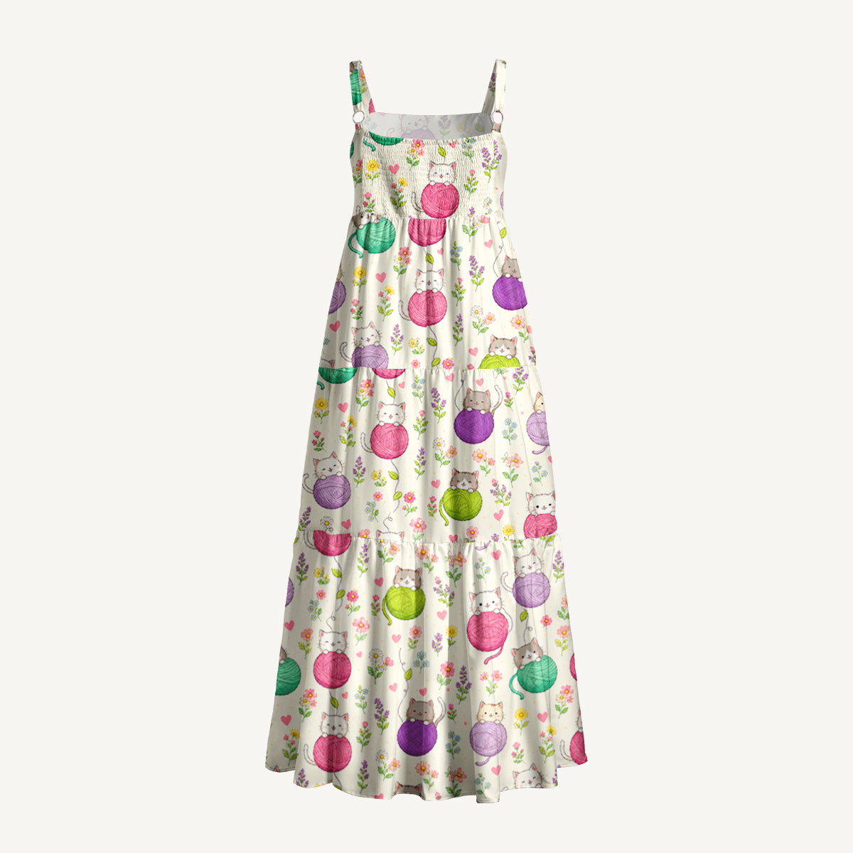 Cat Yarn Ball Print Wide Straps Maxi Dress With Pockets