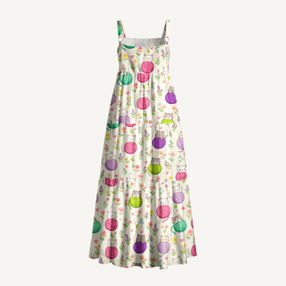 Cat Yarn Ball Print Wide Straps Maxi Dress With Pockets