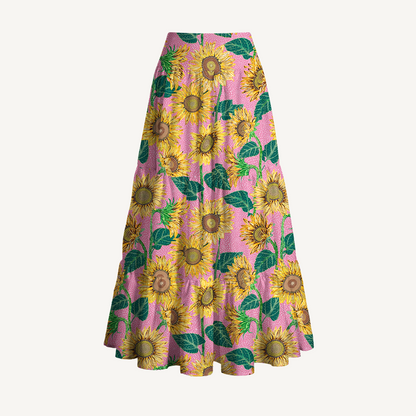 Vibrant Sunflower Floral Print Convertible Maxi Skirt & Strapless Dress