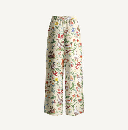 Countryside Garden Critter Print Wide Leg Tie Waist Pants With Pockets