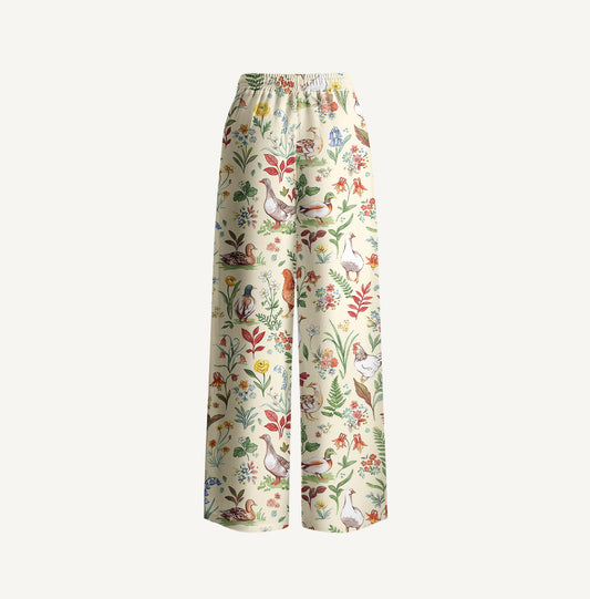 Countryside Garden Critter Print Wide Leg Tie Waist Pants With Pockets