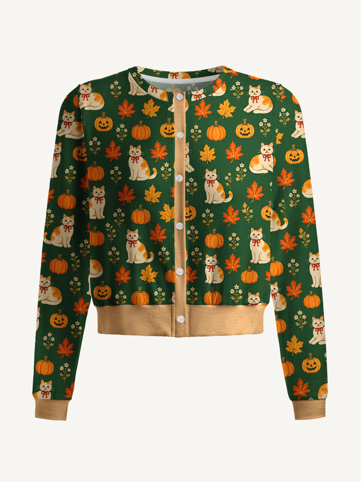 Lightweight Crew Neck Long‑Sleeve Cropped Pumpkin Patch Whiskers Print Fine‑Knit Cardigan