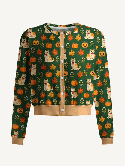 Lightweight Crew Neck Long‑Sleeve Cropped Pumpkin Patch Whiskers Print Fine‑Knit Cardigan