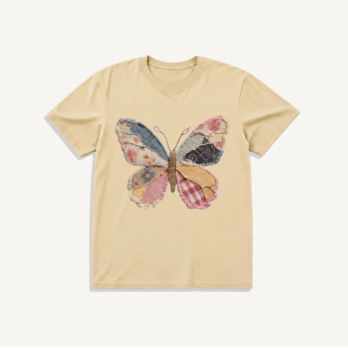 Quilt Patch Butterfly Print Crew Neck Cotton Tee