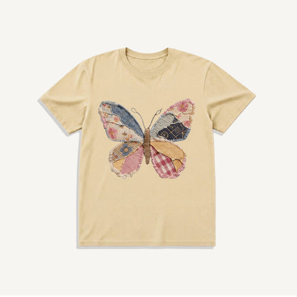 Quilt Patch Butterfly Print Crew Neck Cotton Tee