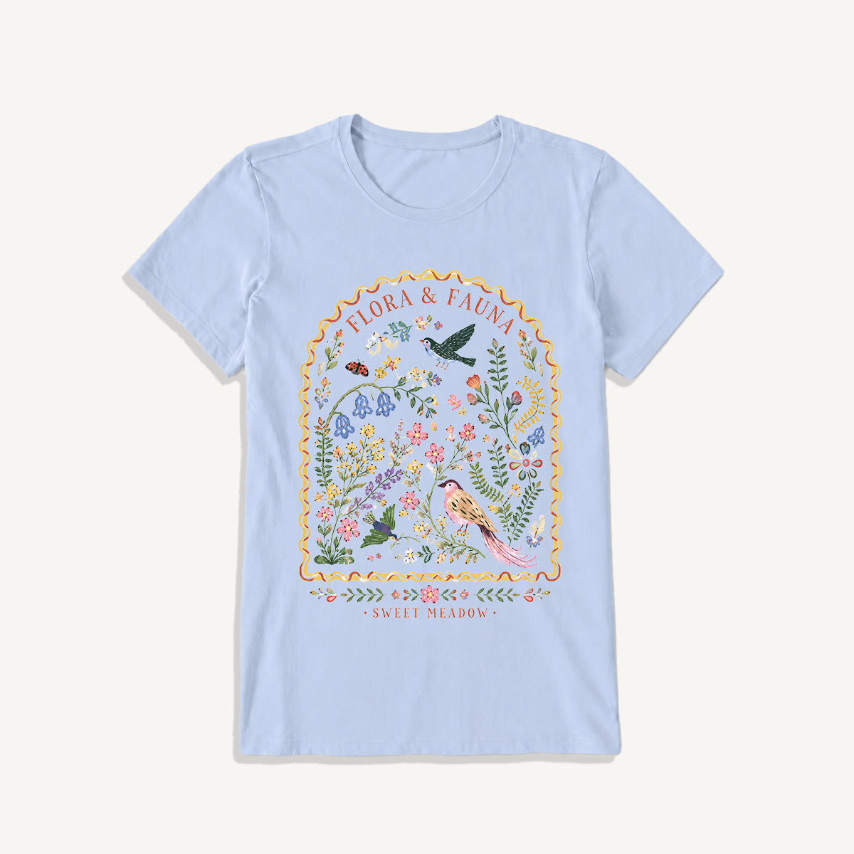 Folk Birds Sweet Meadow Print Crew Neck Cotton Tee
