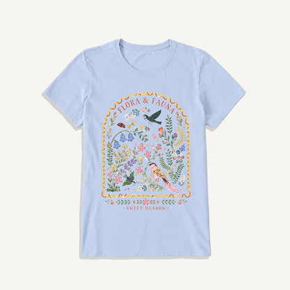 Folk Birds Sweet Meadow Print Crew Neck Cotton Tee