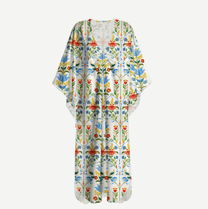 V‑Neck Folk Bloom Kimono Sleeve Kaftan Dress