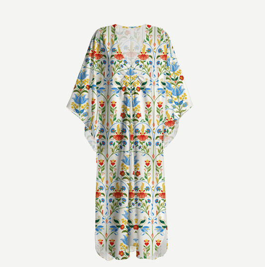 V‑Neck Folk Bloom Kimono Sleeve Kaftan Dress