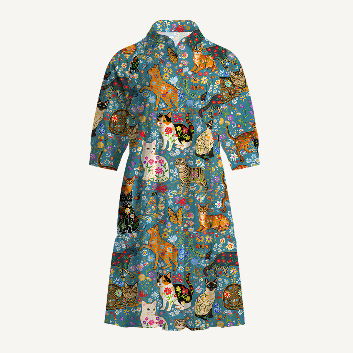 V Neck Collared Colorful Garden Cat Mini Dress For Women With Pockets