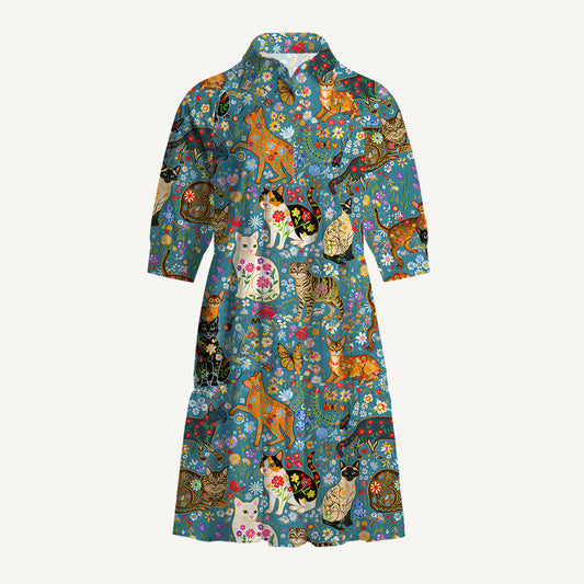 V Neck Collared Colorful Garden Cat Mini Dress For Women With Pockets