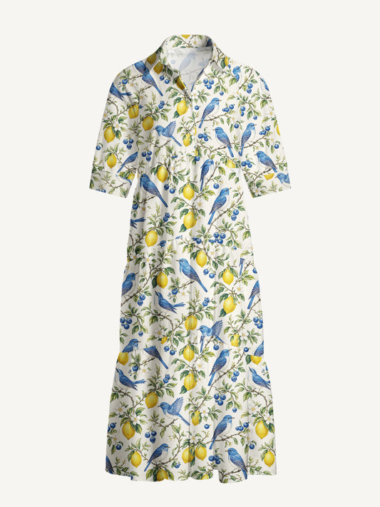 V Neck Collared Bluebird Lemon Garden Print Casual Midi Dress With Pockets