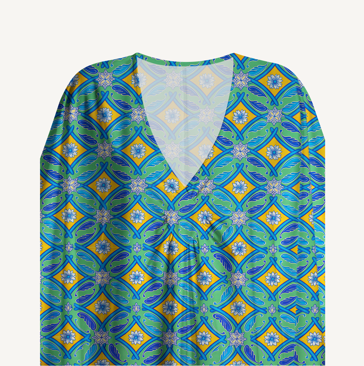 V‑Neck Azure Tile Kimono Sleeve Kaftan Dress