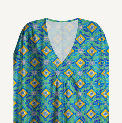 V‑Neck Azure Tile Kimono Sleeve Kaftan Dress