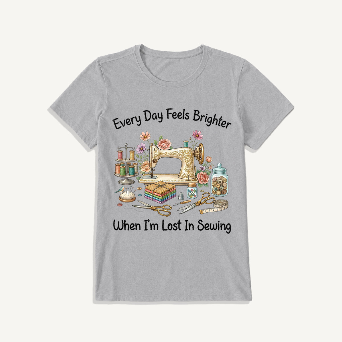 Lost in Sewing Joy Print Crew Neck Cotton Tee