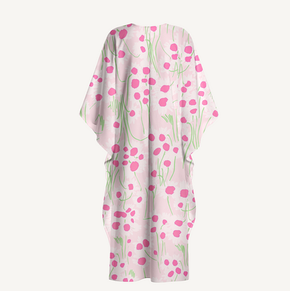 V‑Neck Pink Daisy Kimono Sleeve Kaftan Dress