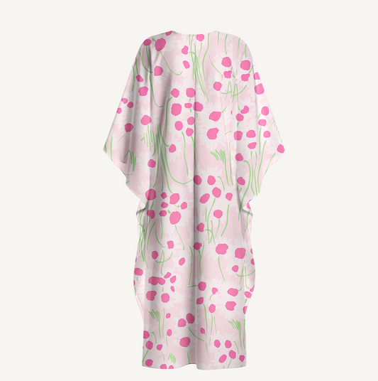 V‑Neck Pink Daisy Kimono Sleeve Kaftan Dress
