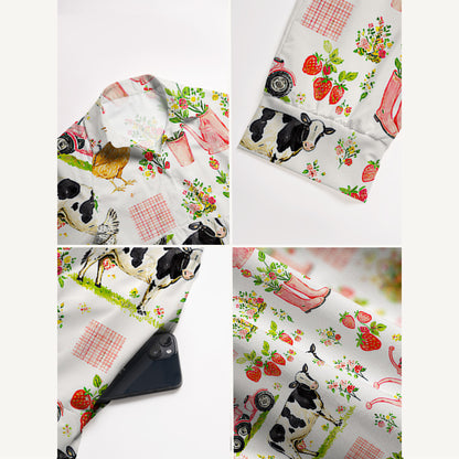 Watercolor Pink Farm Chicken Cow Print Casual Midi Dress With Pockets