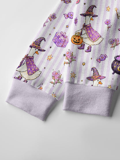 Lightweight Crew Neck Long‑Sleeve Cropped Halloween Witch Gooses Print Fine‑Knit Cardigan