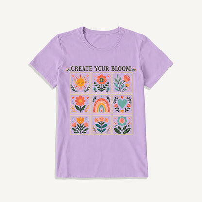 Folk Art Bloom Grid Print Crew Neck Cotton Tee