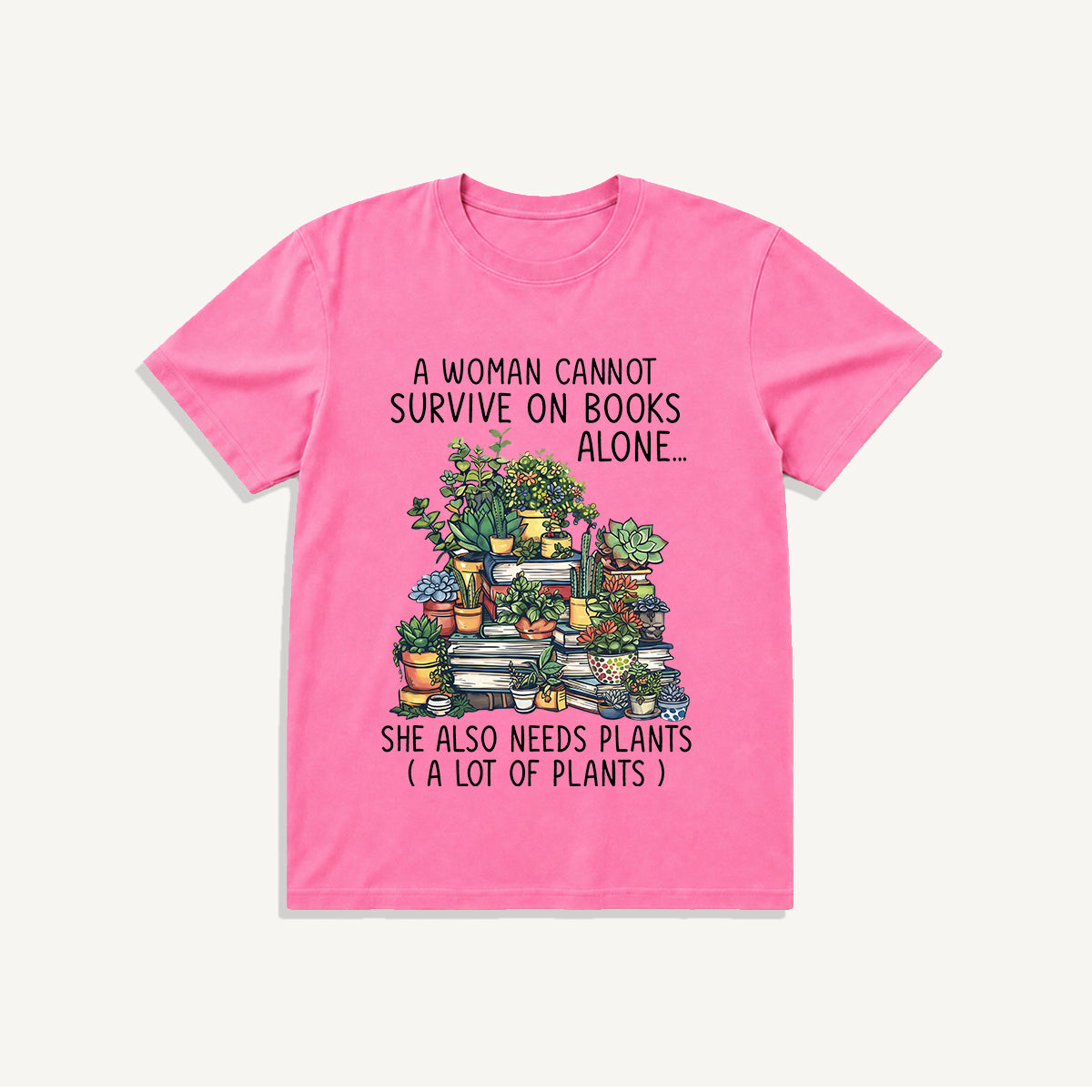 Books and Potted Plants Print Crew Neck Cotton Tee