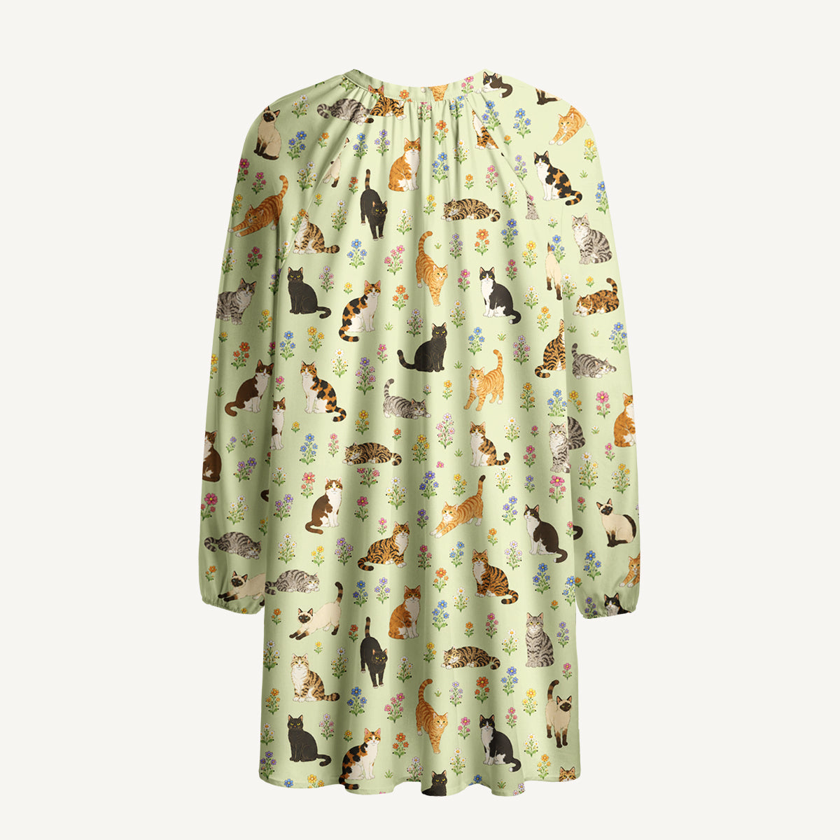 Spring Meadow Garden Kitty Print Boho Long Sleeve Tie‑Neck Smock Mini Dress