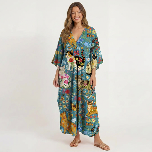 V‑Neck Colorful Garden Cat Kimono Sleeve Kaftan Dress