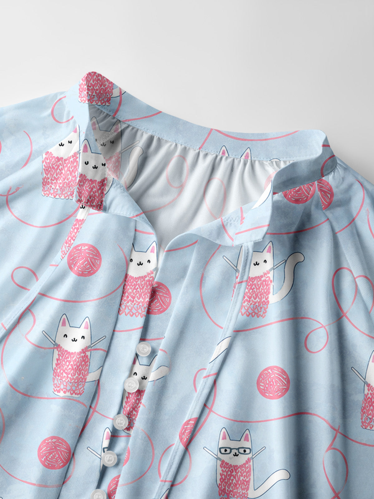 Cozy Yarn Basket Cat Print Boho Long Sleeve Tie‑Neck Blouse