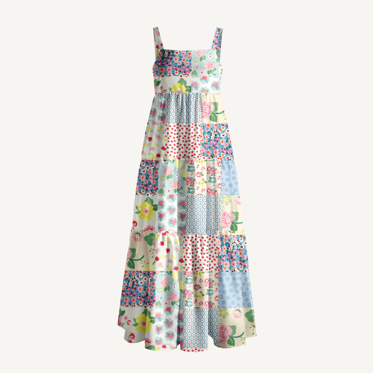 Spring Blossom Patchwork Print Wide Straps Maxi Dress With Pockets