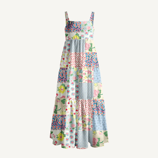 Spring Blossom Patchwork Print Wide Straps Maxi Dress With Pockets