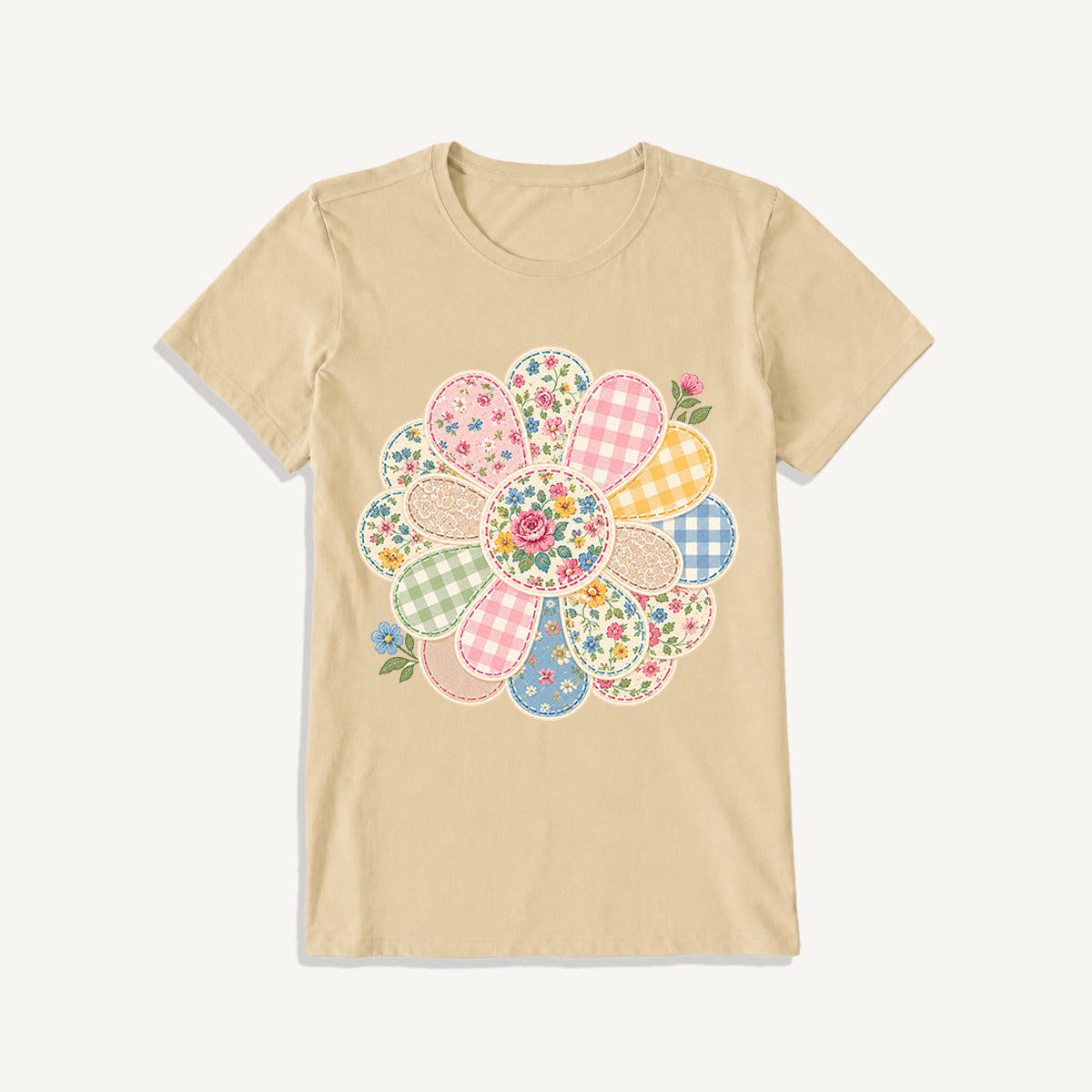 Cottage Patchwork Bloom Print Crew Neck Cotton Tee