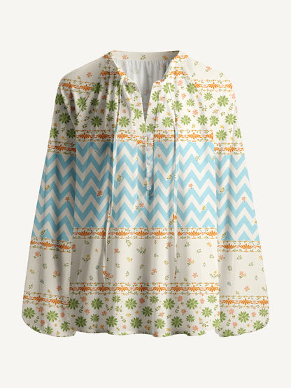 Pastel Chevron and Ditsy Floral Stripe Print Boho Long Sleeve Tie‑Neck Blouse