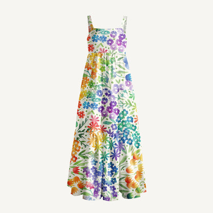 Fun Rainbow Print Wide Straps Maxi Dress With Pockets