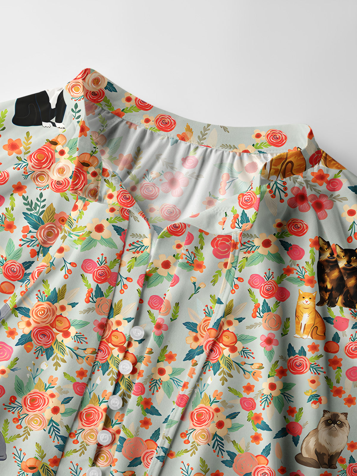 Flower Cat Print Boho Long Sleeve Tie‑Neck Blouse