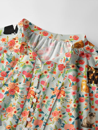 Flower Cat Print Boho Long Sleeve Tie‑Neck Blouse