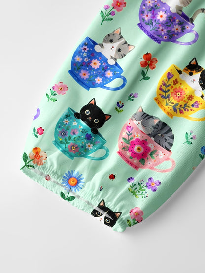 Cute Teacup Kitten Print Boho Long Sleeve Tie‑Neck Blouse