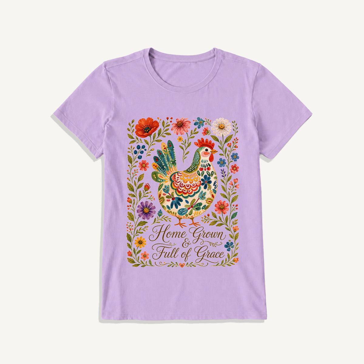 Folk Floral Homegrown Hen Print Crew Neck Cotton Tee