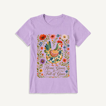 Folk Floral Homegrown Hen Print Crew Neck Cotton Tee